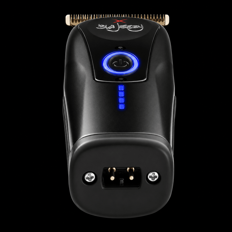 StyleCraft x 360 Jeezy Cordless Trimmer SC423B - overhead view of the gold T-blade, power button and charging contacts