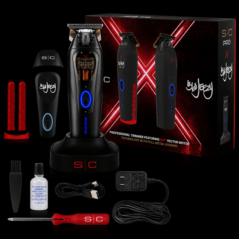 StyleCraft x 360 Jeezy Cordless Trimmer SC423B - what's in the box: trimmer, charging stand, retail box, red and black grips, blade cover, cleaning brush, clipper oil, screwdriver, USB cable and power adapter