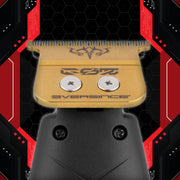 3Versince ES5 gold titanium trimmer blade mounted on the StyleCraft trimmer, close-up on a black and red background