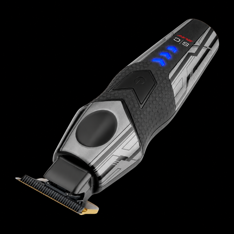 StyleCraft x 3Versince Professional Hair Trimmer at a diagonal angle on black, showing rubber grip and blue LED lights