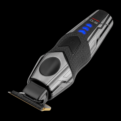 StyleCraft x 3Versince Professional Hair Trimmer at a diagonal angle on black, showing rubber grip and blue LED lights