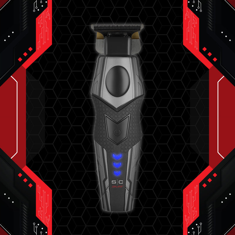 StyleCraft x 3Versince Professional Hair Trimmer front view on a black and red hexagon background