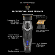 StyleCraft x 3Versince trimmer infographic on black: ES5 gold titanium blade, 7,500 RPM motor, 3-hour run-time, USB-C