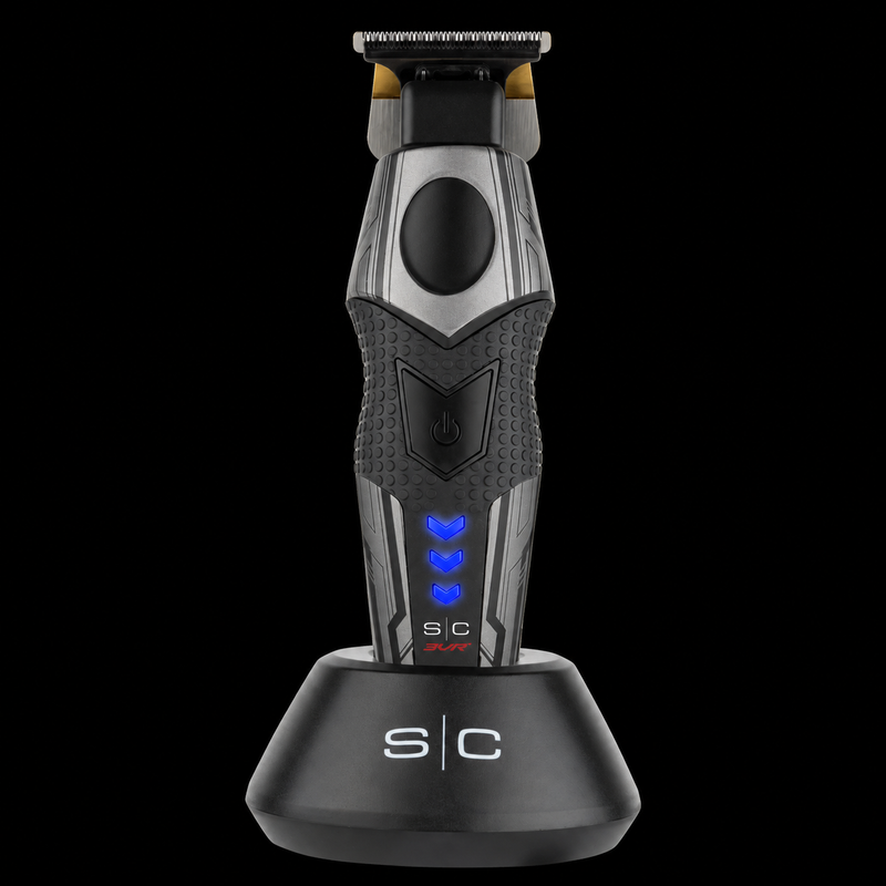 StyleCraft x 3Versince Professional Hair Trimmer upright in its S|C charging base on a black background, front view