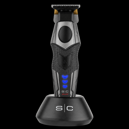 StyleCraft x 3Versince Professional Hair Trimmer upright in its S|C charging base on a black background, front view