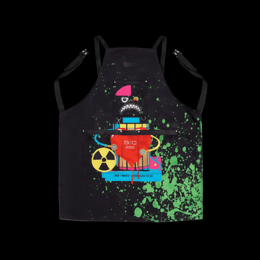 Black apron with colorful robot design and green splatter patterns on a black background