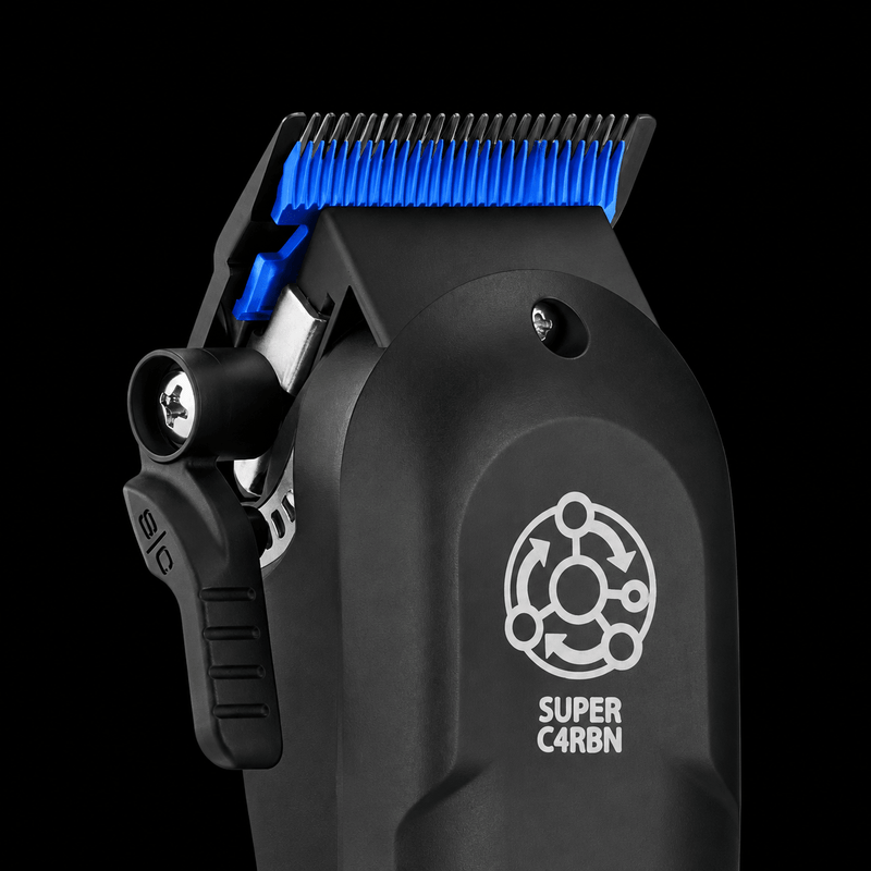 Side view of StyleCraft blue ceramic deep-tooth cutter installed on a professional clipper