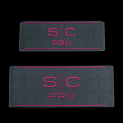 Two gray with pink 'S/C Pro' logo, one on top of the other on a black background