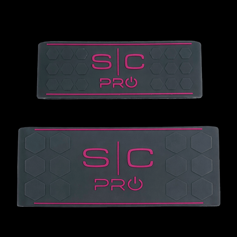 Two gray with pink 'S/C Pro' logo, one on top of the other on a black background
