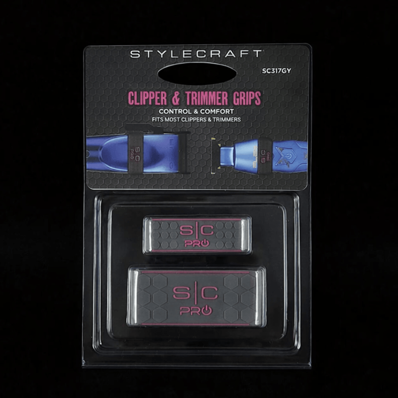 Stylecraft clipper and trimmer grips in packaging on a black background