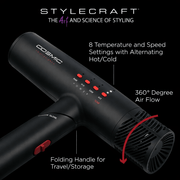Black hair dryer with features highlighted on a black background, featuring the Stylecraft brand.
