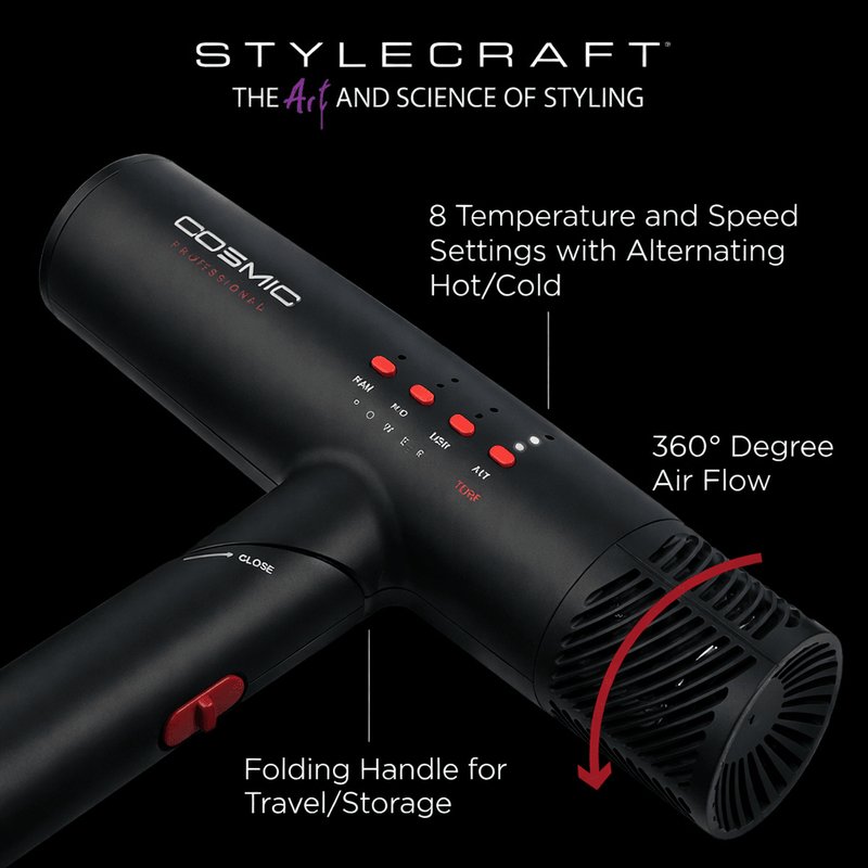 Black hair dryer with features highlighted on a black background, featuring the Stylecraft brand.