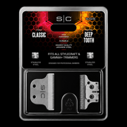 Packaged hair trimmer heads with brand logo on a black background
