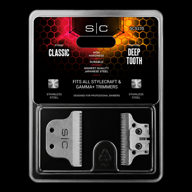 Packaged hair trimmer heads with brand logo on a black background