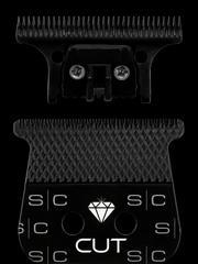 Black grooming tool with comb and 'CUT' branding on a clear background