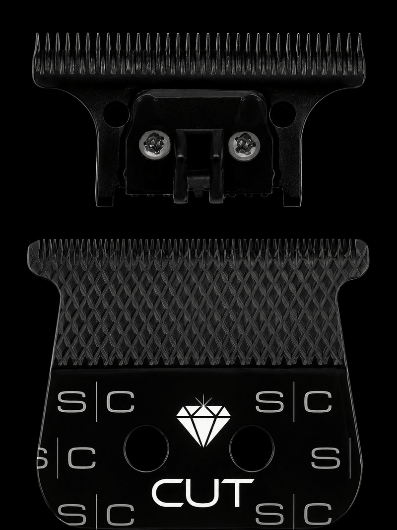 Black grooming tool with comb and 'CUT' branding on a clear background