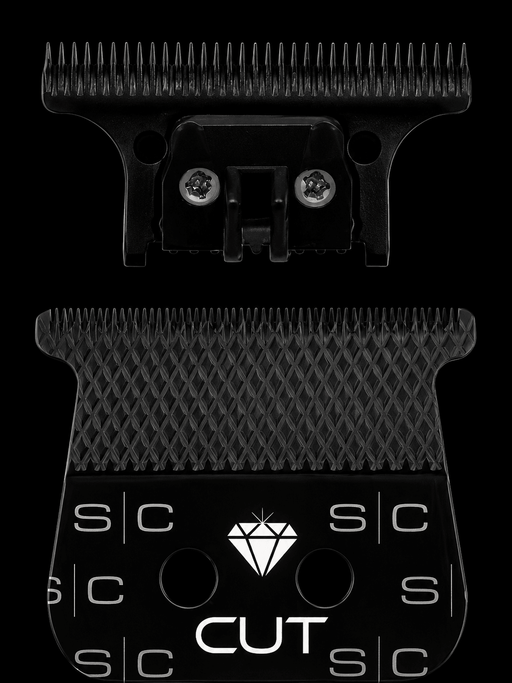 Black grooming tool with comb and 'CUT' branding on a clear background