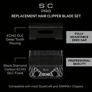 StyleCraft Echo DLC deep tooth clipper blade set with black diamond carbon coating and zero gap adjustable professional barber blade
