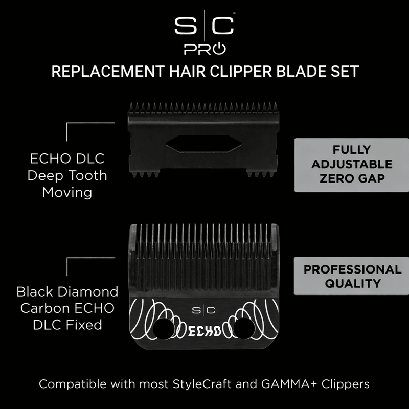 StyleCraft Echo DLC deep tooth clipper blade set with black diamond carbon coating and zero gap adjustable professional barber blade
