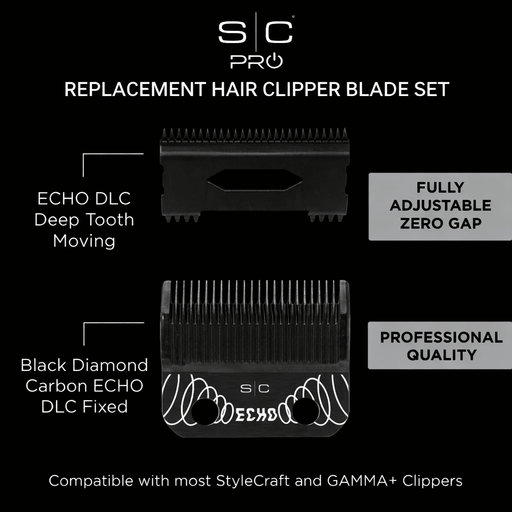 StyleCraft Echo DLC deep tooth clipper blade set with black diamond carbon coating and zero gap adjustable professional barber blade
