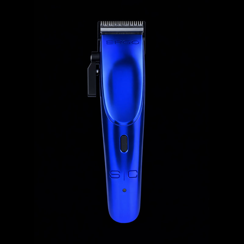 Overhead view of the StyleCraft Ergo clipper in Metallic Blue showing the power switch and balanced body design.