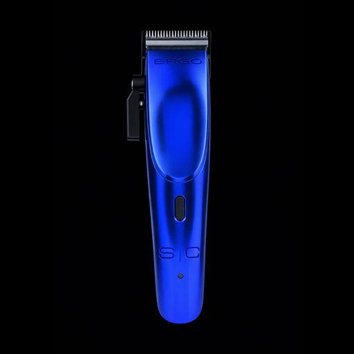 Overhead view of the StyleCraft Ergo clipper in Metallic Blue showing the power switch and balanced body design.