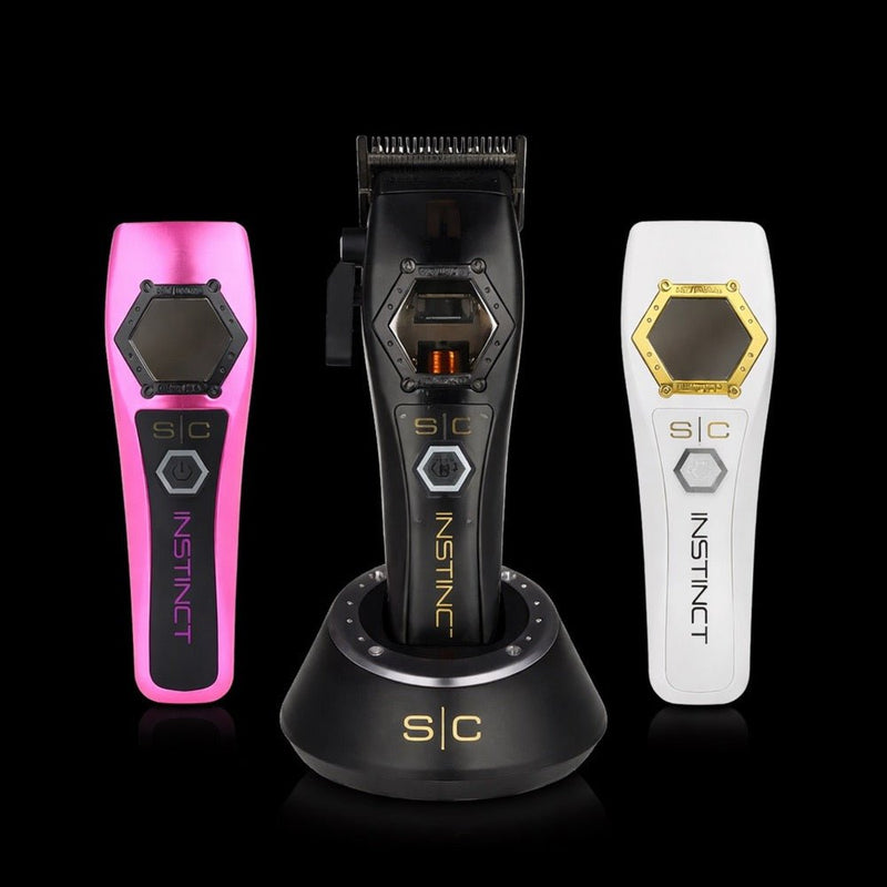 Three hair clippers in pink, black, and white on a black background with 'SIC' branding.