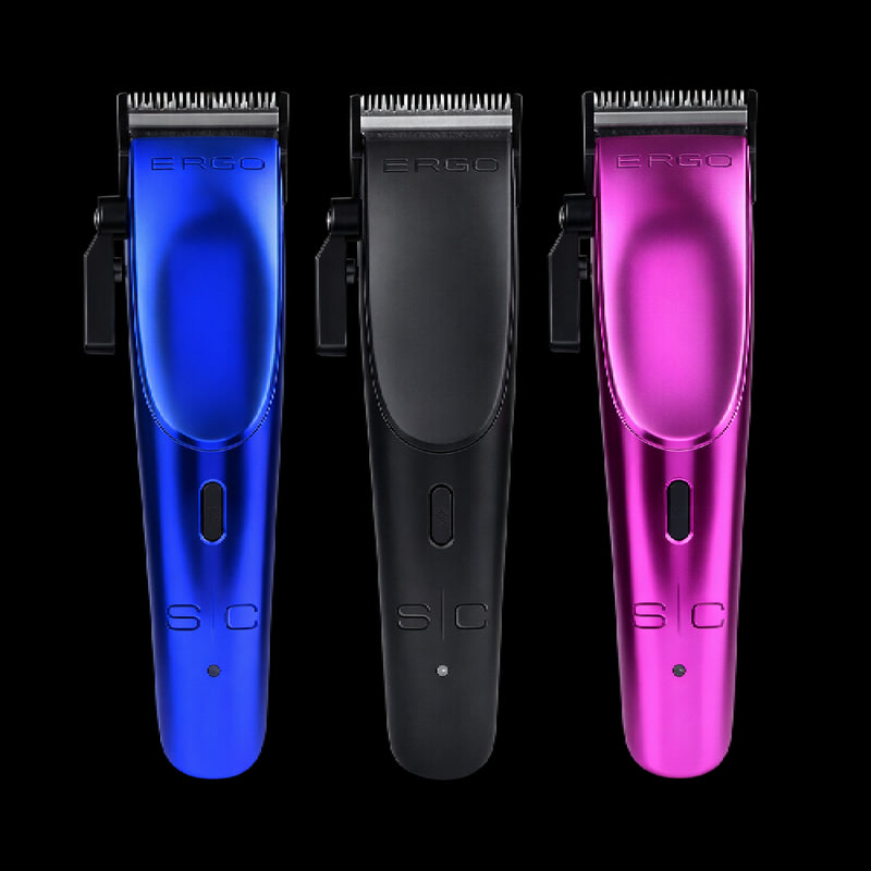 StyleCraft Ergo Cordless Clipper shown in three interchangeable modular body colors: Metallic Blue, Matte Black, and Metallic Pink.