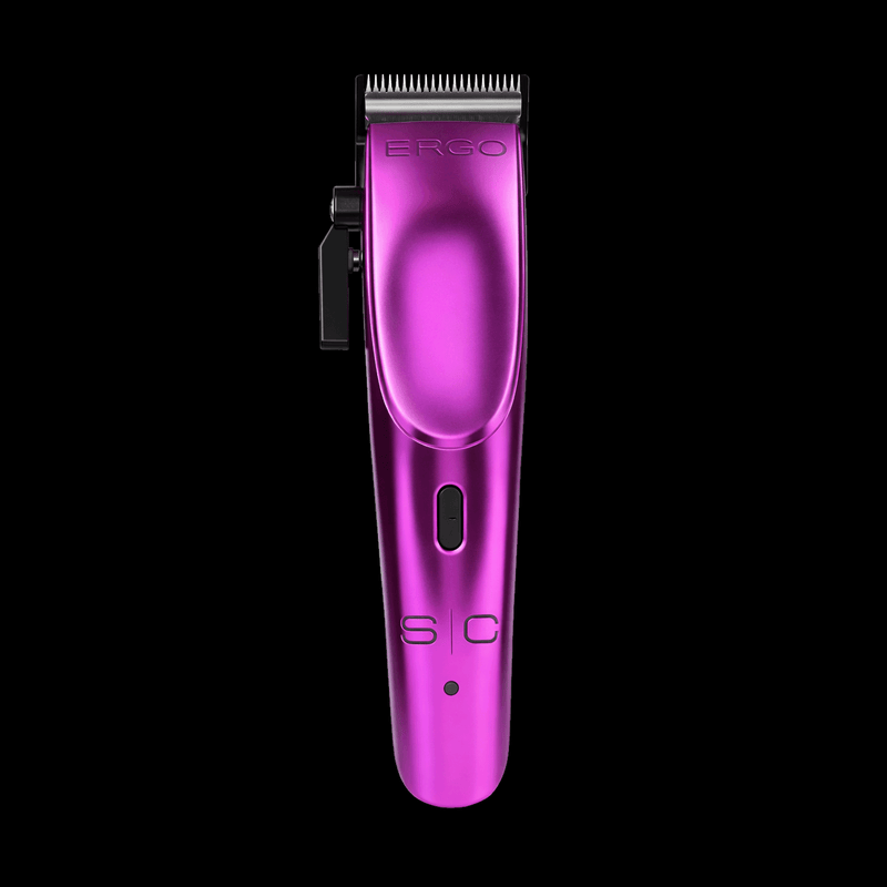 Overhead view of the StyleCraft Ergo clipper in Metallic Pink showing the power switch and balanced body design.