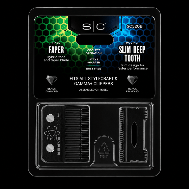 Packaging of a hair clipper blade with brand logo and product details on a black background