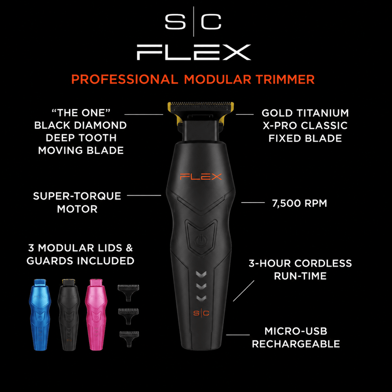 S/C Flex professional modular trimmer with features listed on a black background