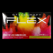 StyleCraft Flex powder free black latex examination gloves 100 count box packaging