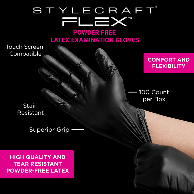StyleCraft Flex powder free black latex examination gloves 100 count with touchscreen compatibility and superior grip