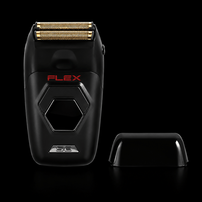 Black electric shaver with gold top and 'FLEX' branding on a black background