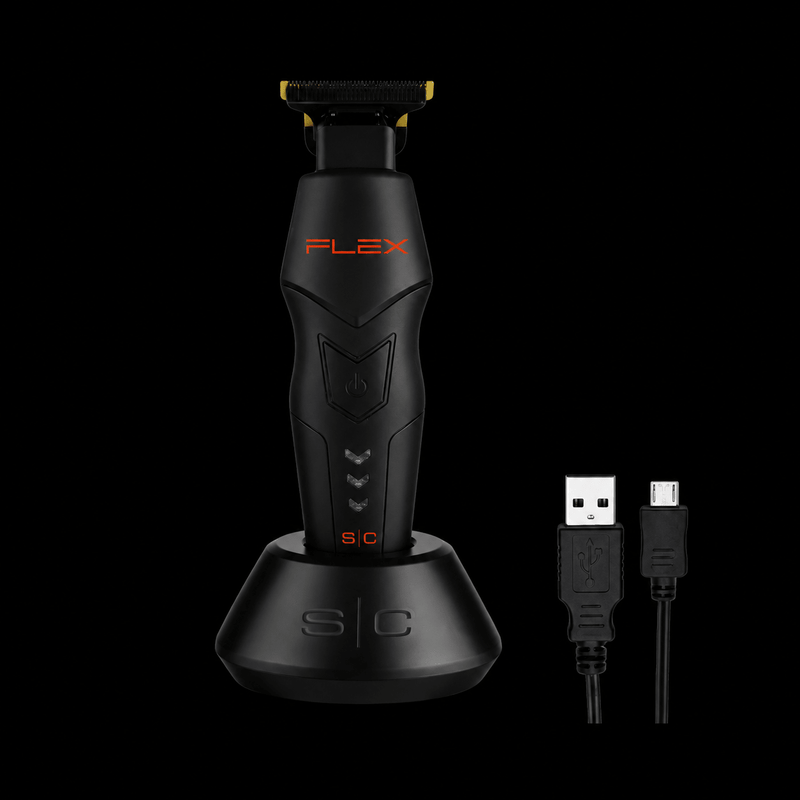 Black electric shaver with Flex branding and charging cable on a black background