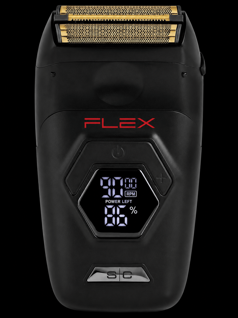 Black electric shaver with digital display on a white background