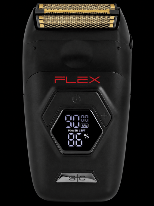 Black electric shaver with digital display on a white background