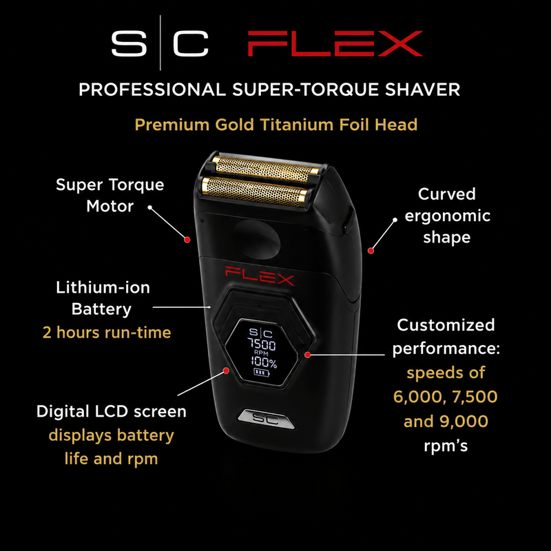 SC Flex professional super-torque shaver with features highlighted on a black background
