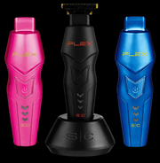 Three Flex shavers in pink, black, and blue on a black background