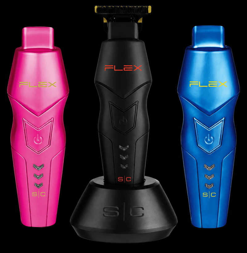 Three Flex shavers in pink, black, and blue on a black background