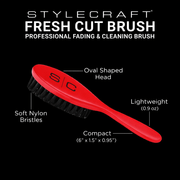 Red brush with features labeled on a black background, featuring Stylecraft branding.