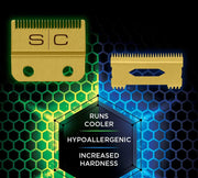 Two gold razors on a hexagonal pattern background with text highlighting features.