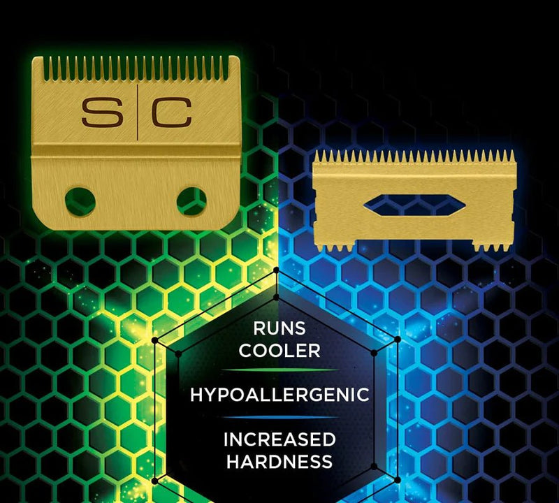 Two gold razors on a hexagonal pattern background with text highlighting features.