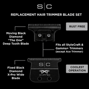 StyleCraft Gamma replacement trimmer blade set features X Pro wide blade rust free deep tooth blade fits most StyleCraft and Gamma trimmers