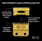 Replacement hair clipper blade set with 'SC' branding on a black background