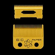 Two gold hair clipper blades with 'S/C Faper' branding on a black background