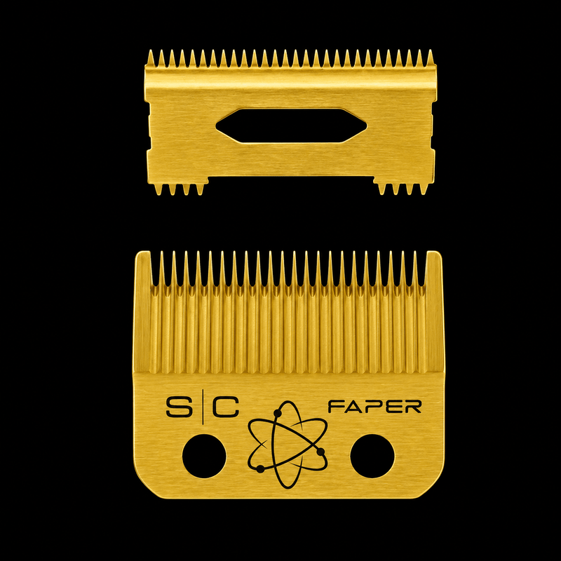 Two gold hair clipper blades with 'S/C Faper' branding on a black background