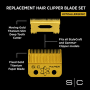 Replacement hair clipper blade set with gold blades on a black background