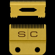 Gold hair clipper blades with 'SC' branding on a black background