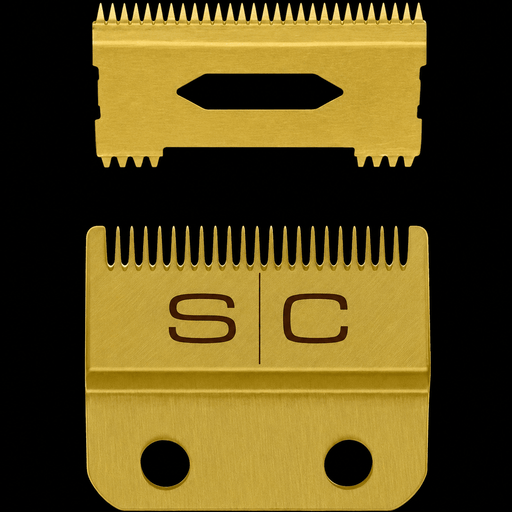 Gold hair clipper blades with 'SC' branding on a black background